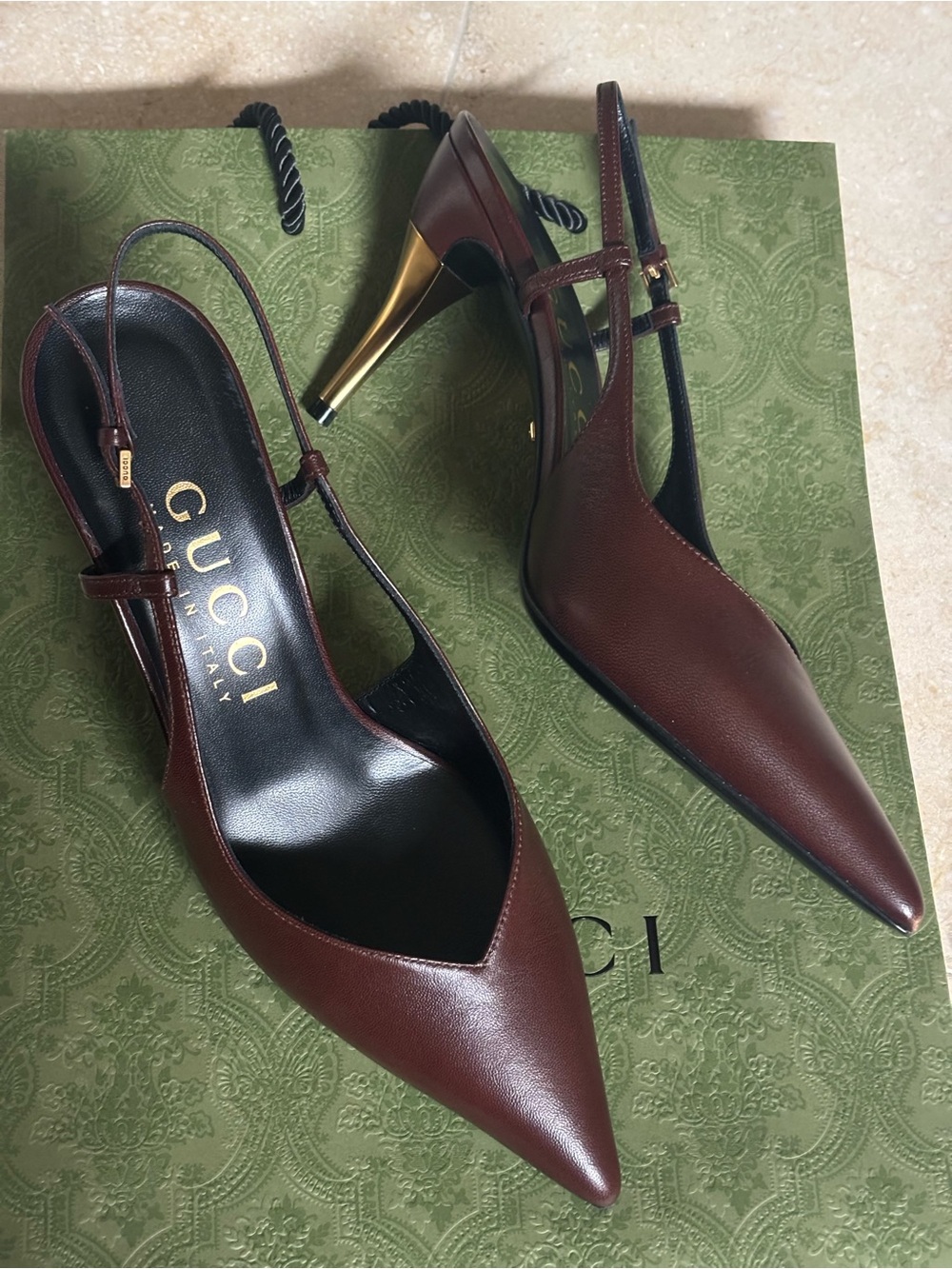 Gucci Brown Leather Pointed Slingback Pumps with Gold Stiletto